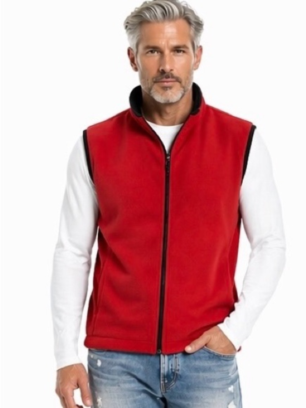 Men’s Red Fleece Vest Medium Full Zip Sleeveless Jacket Pockets Outdoor Casual